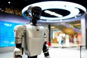 A high-tech robot maker Unitree unit performing autonomous tasks in a modern facility