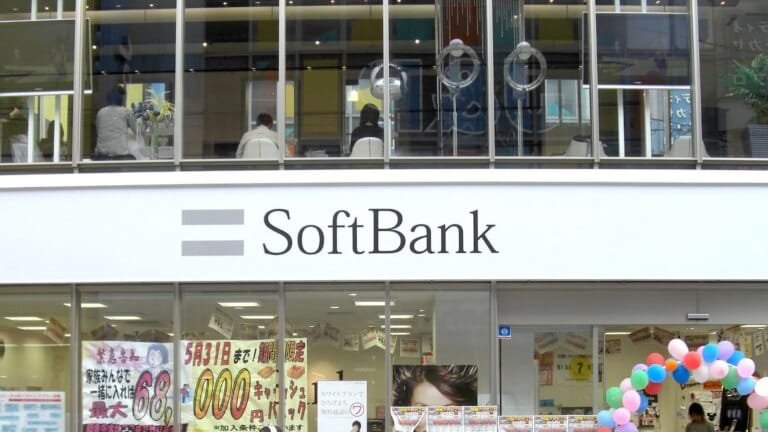 SoftBank logo and financial market data charts representing stock portfolio rebalancing