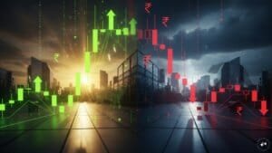Professional trader analyzing Nifty 500 market opening charts on multiple screens