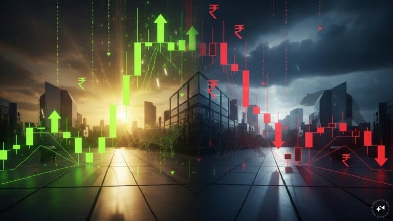 Professional trader analyzing Nifty 500 market opening charts on multiple screens