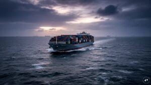 Container ship navigating international waters representing global trade risks