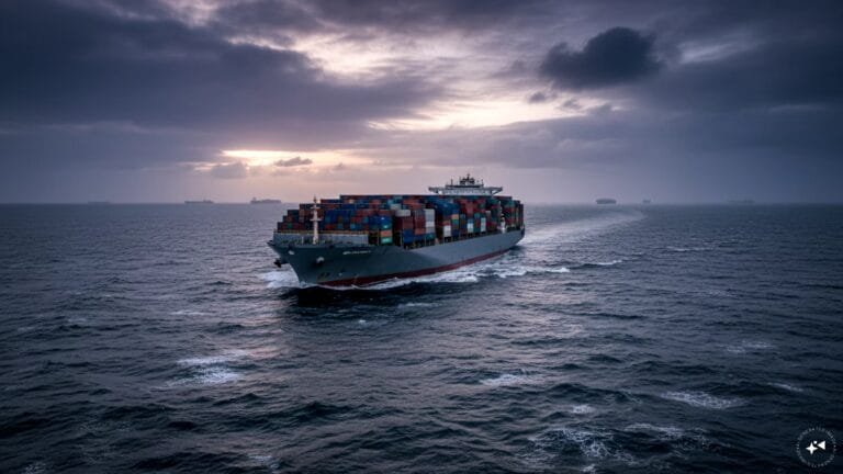 Container ship navigating international waters representing global trade risks