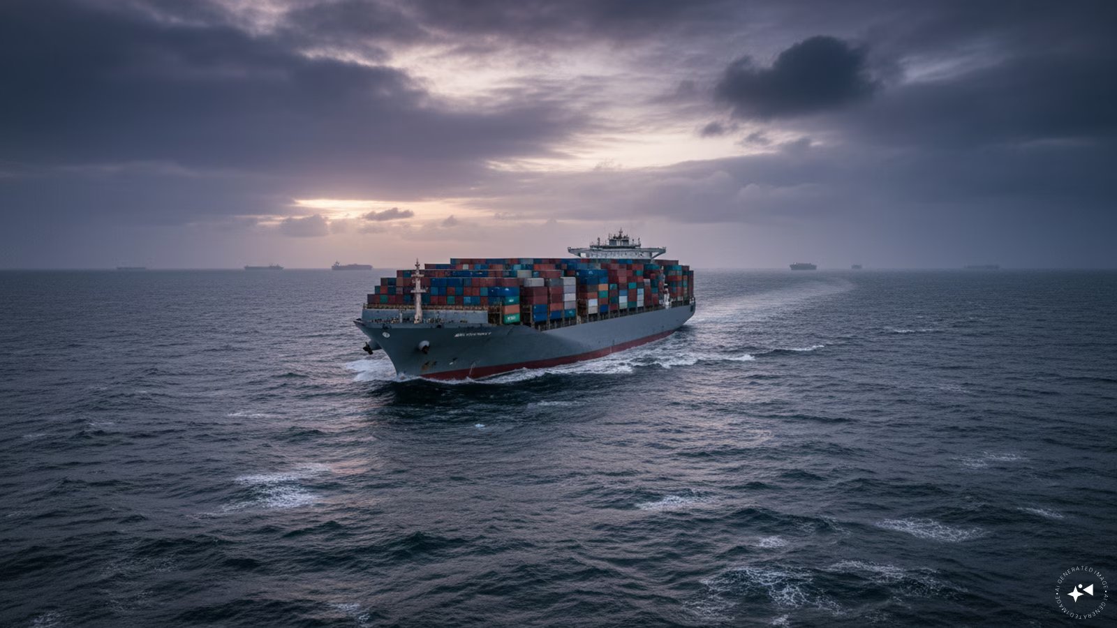 Container ship navigating international waters representing global trade risks