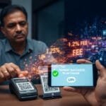 A smartphone displaying a successful UPI transaction with no fees applied