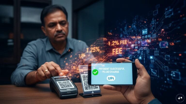 A smartphone displaying a successful UPI transaction with no fees applied