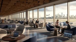 A traveler using a digital priority pass to enter a luxury airport lounge