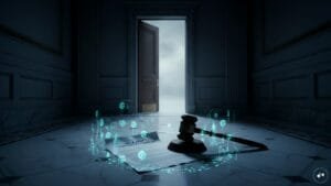 A visual representation of US Senate chambers and digital asset regulation symbols