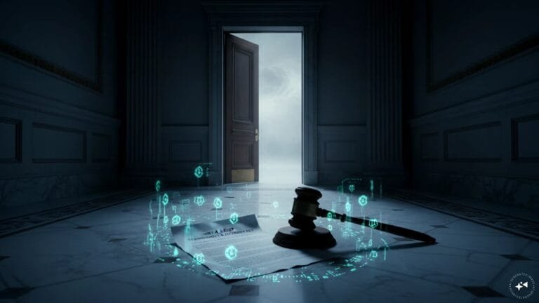 A visual representation of US Senate chambers and digital asset regulation symbols
